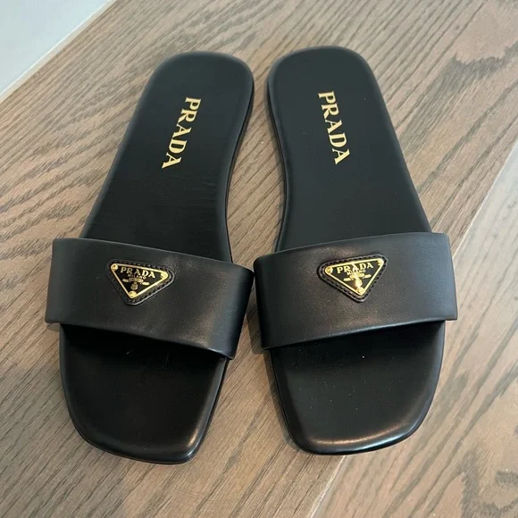 NWOB Prada Triangle Logo Slide Sandals in Black Size 36 - Picture 4 of 7